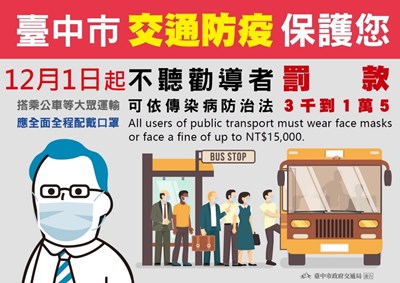A mask must be worn at all times aboard the bus – Any violations will be fined up to TWD15,000